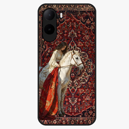 Royal Rider Tapestry Glass Case showing flat back view with majestic horse rider tapestry artwork and glossy glass finish.