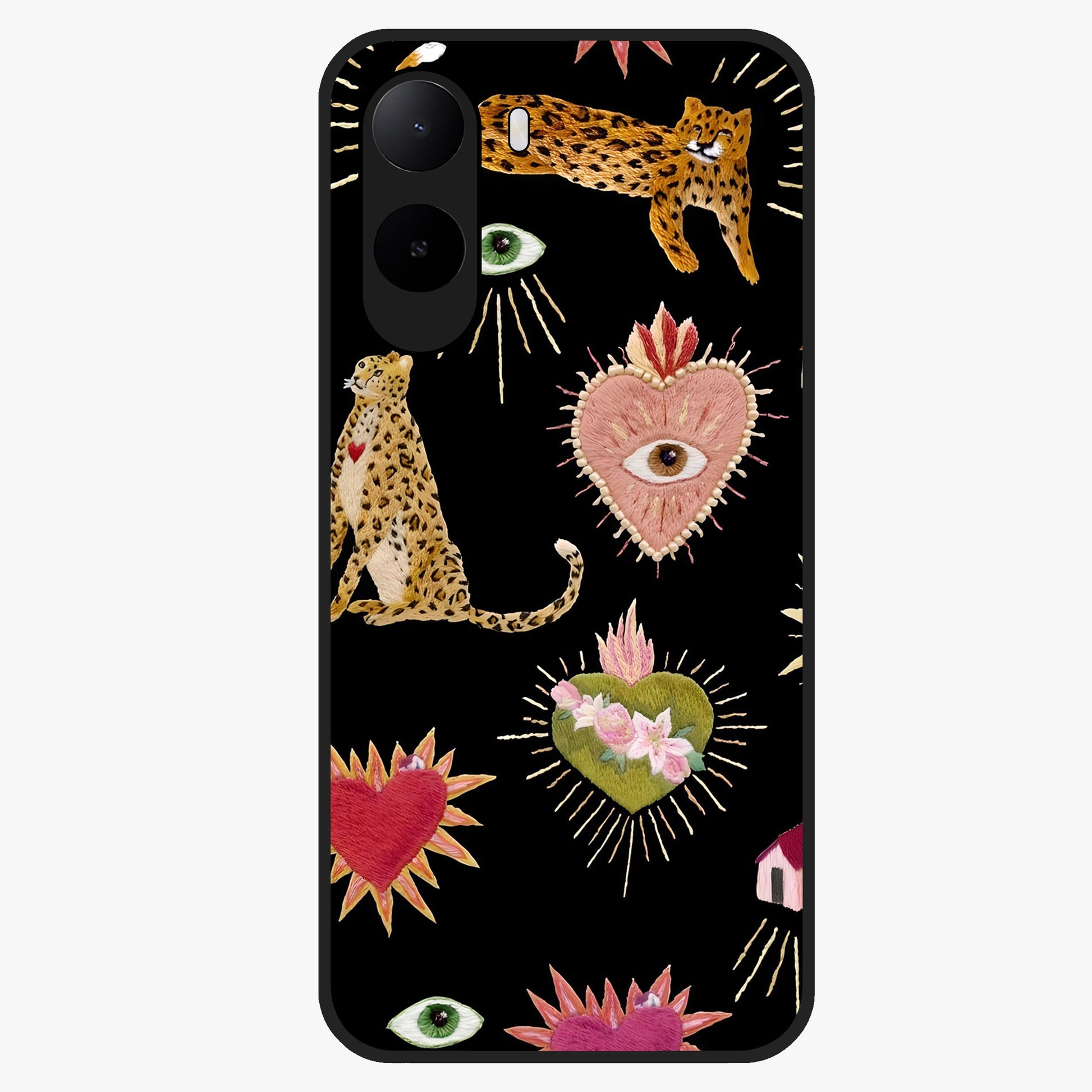 Sacred Jungle Heart Glass Case showing flat back view with jungle inspired heart artwork and glossy glass finish.