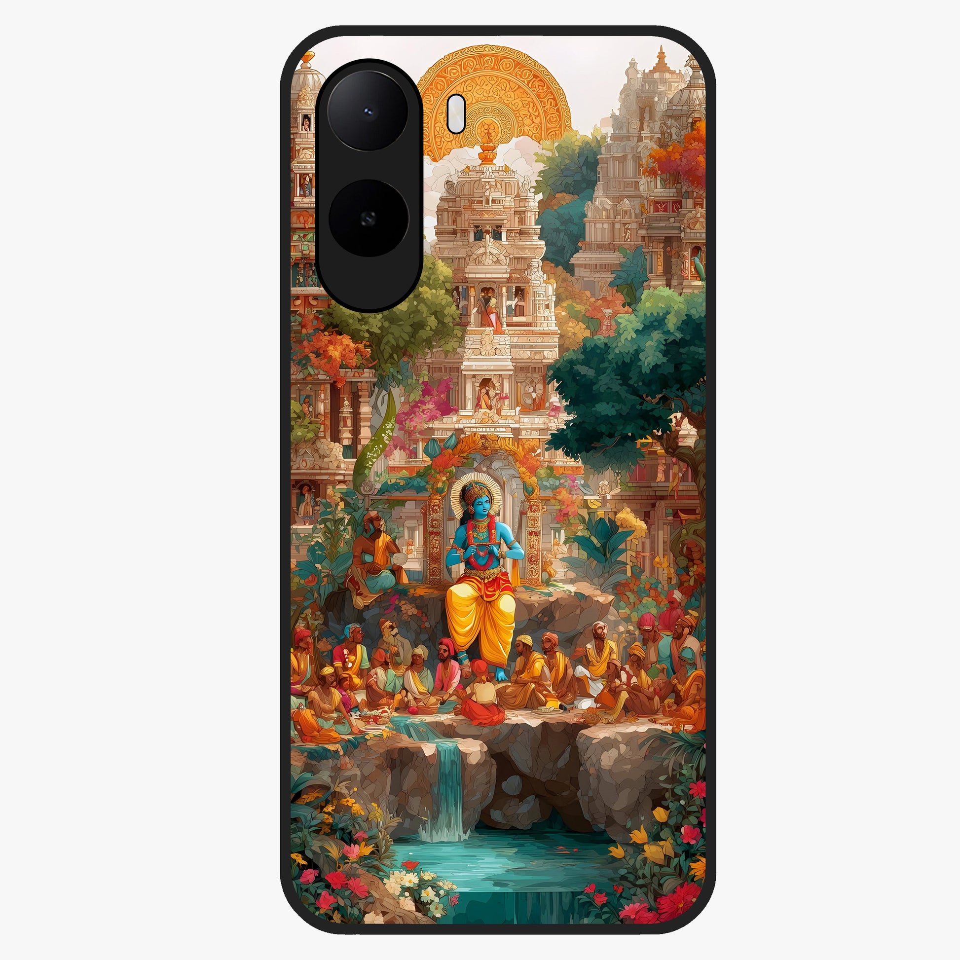 Sacred Sunlight Gods Glass Case showing flat back view with divine sunlight themed artwork and glossy glass finish.