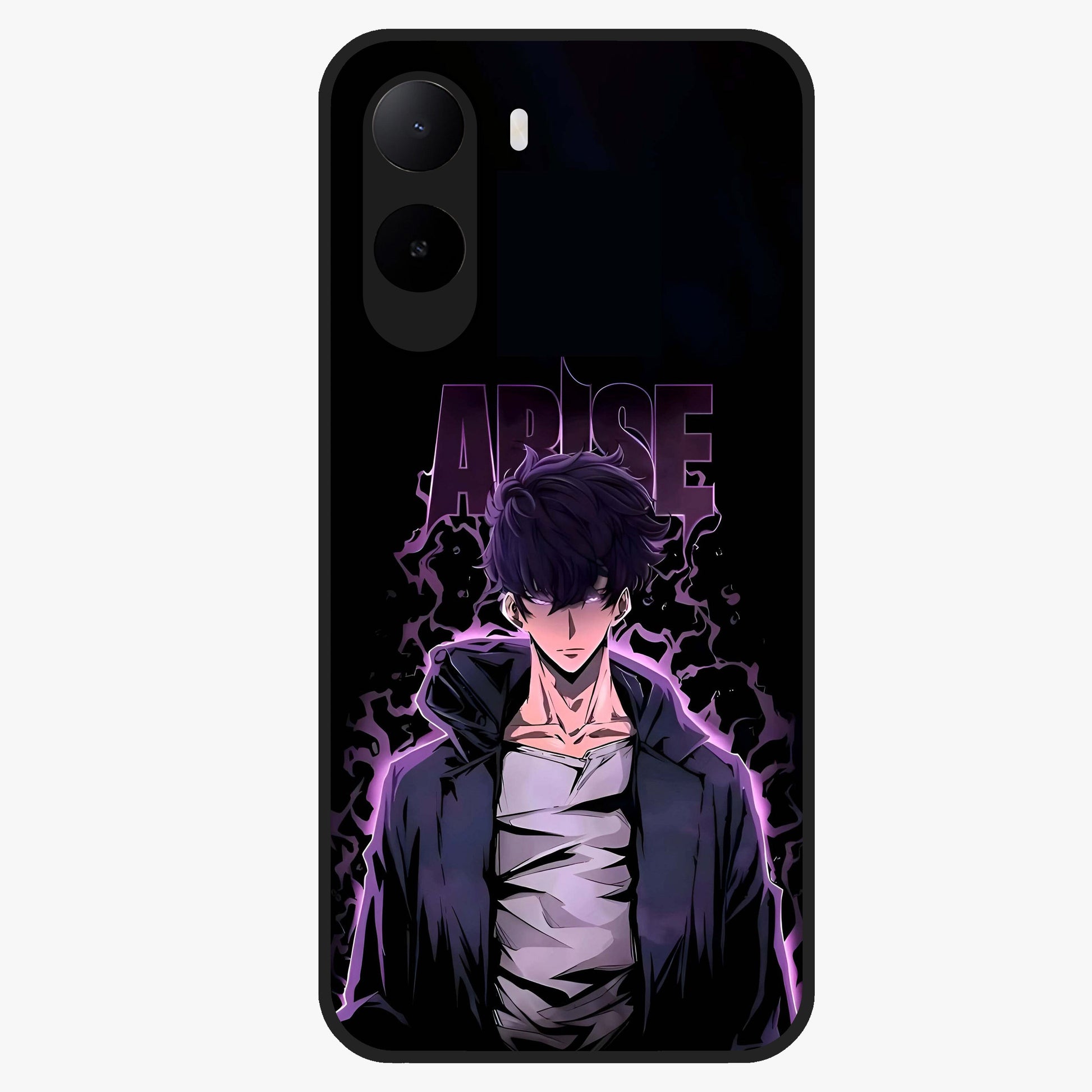 Shadow Monarch Awakening Glass Case showing flat back view with powerful dark monarch themed artwork and glossy glass finish.