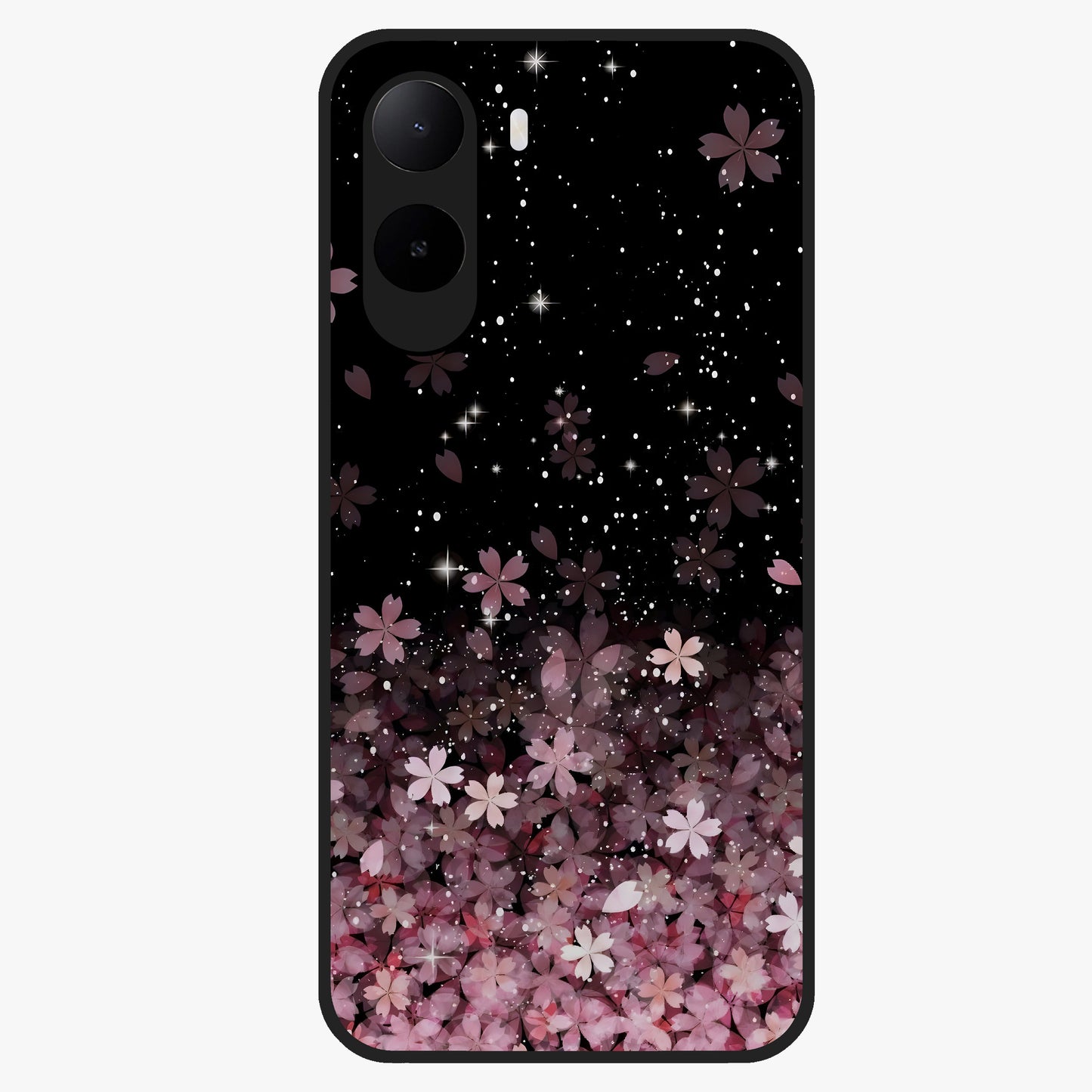 Small Starry Flowers Glass Case showing flat back view with delicate starry floral artwork and glossy glass finish.