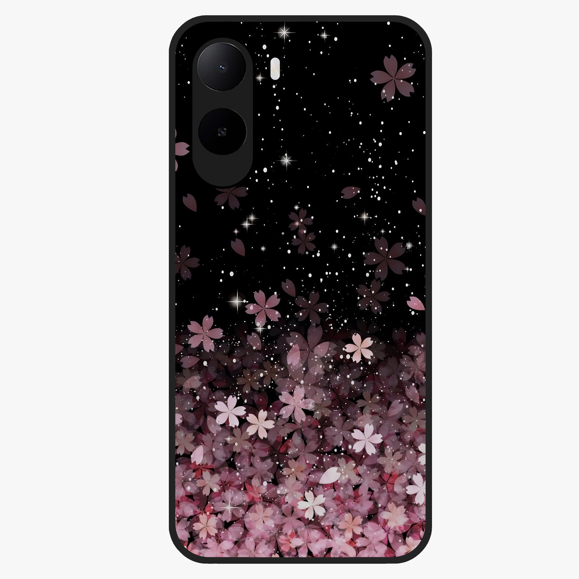 Small Starry Flowers Glass Case showing flat back view with delicate starry floral artwork and glossy glass finish.