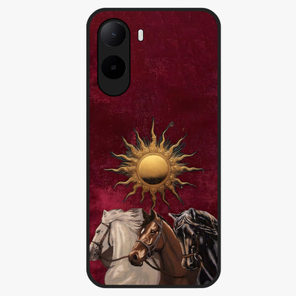 Solar Riders Glass Case showing flat back view with dynamic rider themed artwork and glossy glass finish.