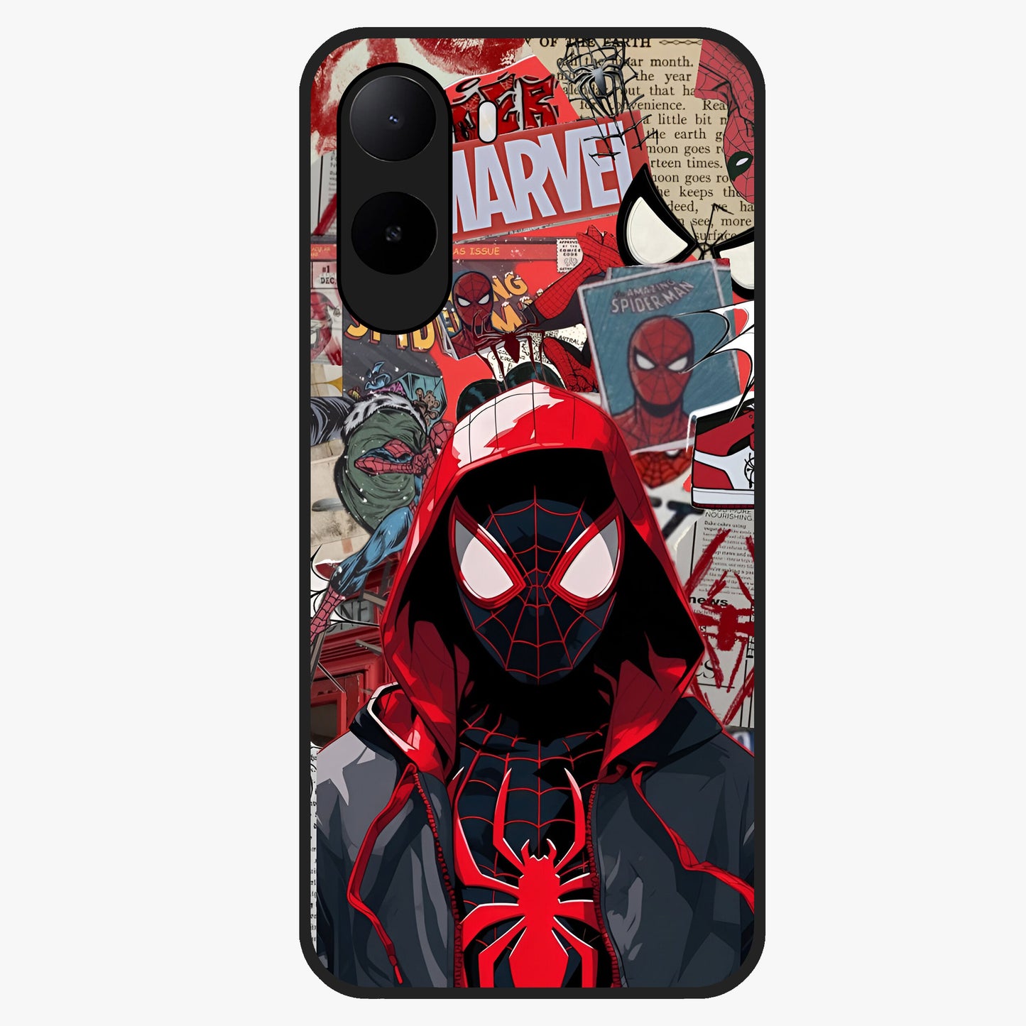 Spider Collage Street Glass Case showing flat back view with vibrant superhero collage artwork and glossy glass finish.