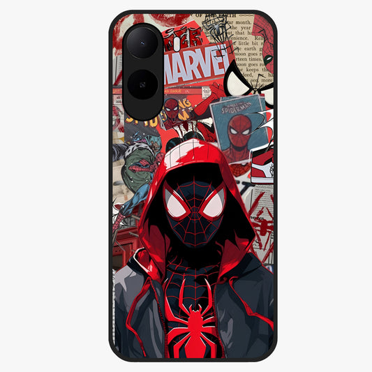 Spider Collage Street Glass Case showing flat back view with vibrant superhero collage artwork and glossy glass finish.