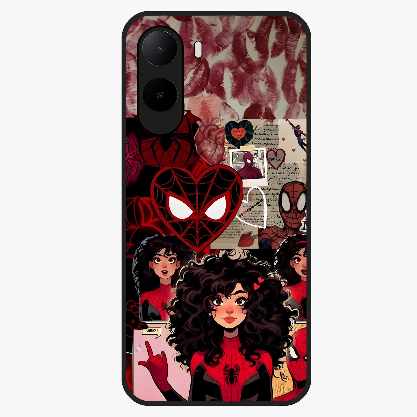 Spider Love Story Glass Case showing flat back view with romantic superhero themed artwork and glossy glass finish.