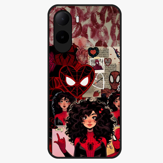 Spider Love Story Glass Case showing flat back view with romantic superhero themed artwork and glossy glass finish.