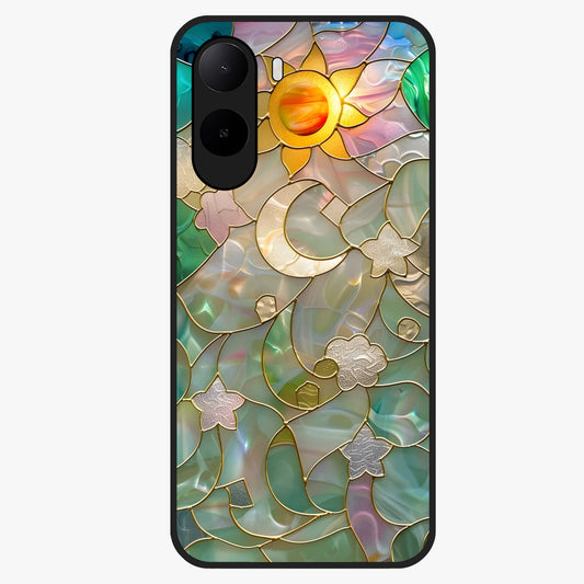 Stained Sunrise Glow Glass Case showing flat back view with glowing sunrise stained pattern artwork and glossy glass finish.