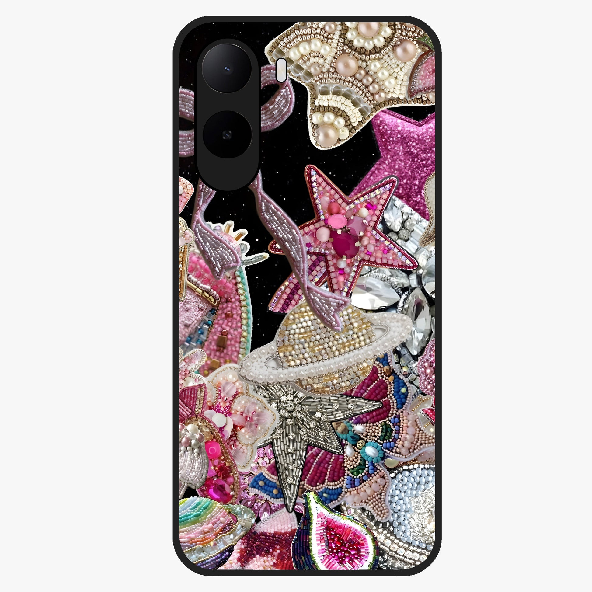 Starlit Jewel Dream Glass Case showing flat back view with sparkling jewel and star themed artwork and glossy glass finish.