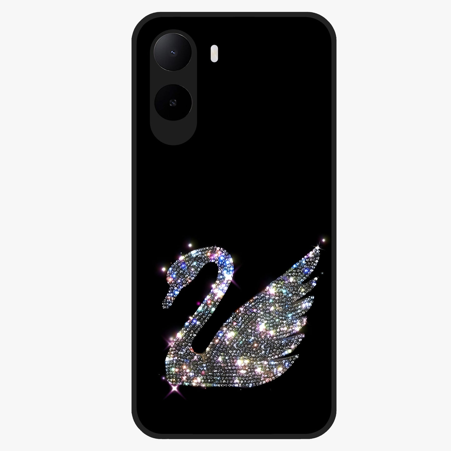 Starlit Swan Grace Glass Case showing flat back view with graceful swan artwork under starry sky and glossy glass finish.