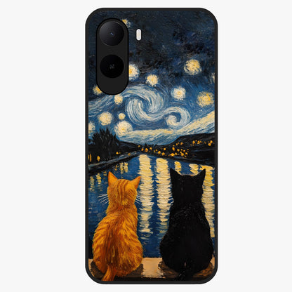Starry River Cats Glass Case showing flat back view with cats by a starry river artwork and glossy glass finish.