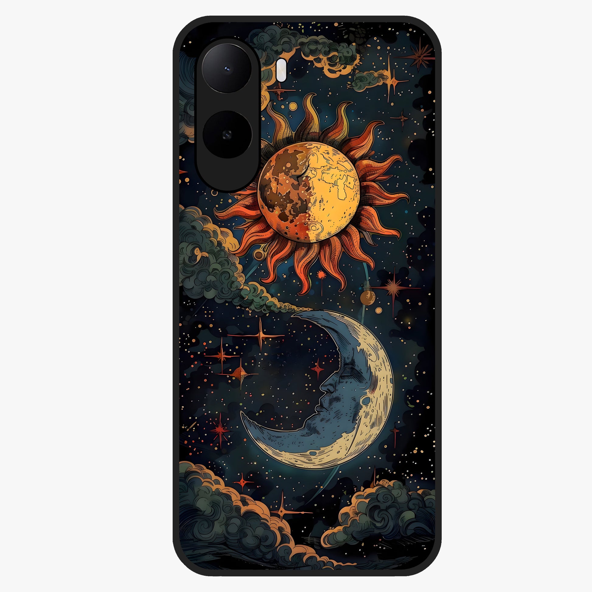 Sun And Moon Magic Design Glass Case showing flat back view with mystical sun and moon artwork and glossy glass finish.
