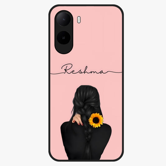 Sunflower Braid Beauty With Custom Name Glass Case showing flat back view with sunflower braid artwork and personalized name design.