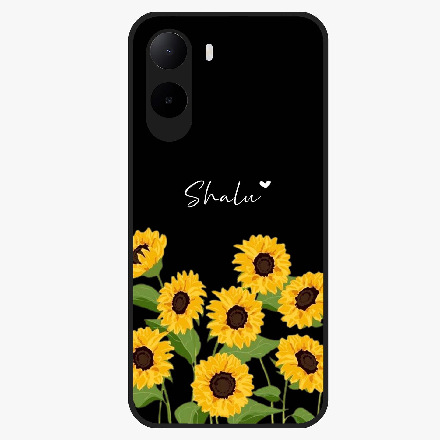 Sunflower Chic Mood Custom Name Glass Case showing flat back view with stylish sunflower artwork and personalized name design.