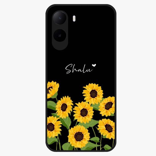 Sunflower Chic Mood Custom Name Glass Case showing flat back view with stylish sunflower artwork and personalized name design.