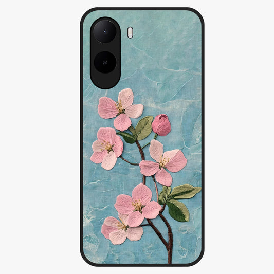 Threaded Blossom Breeze Glass Case showing flat back view with delicate blossom artwork and glossy glass finish.