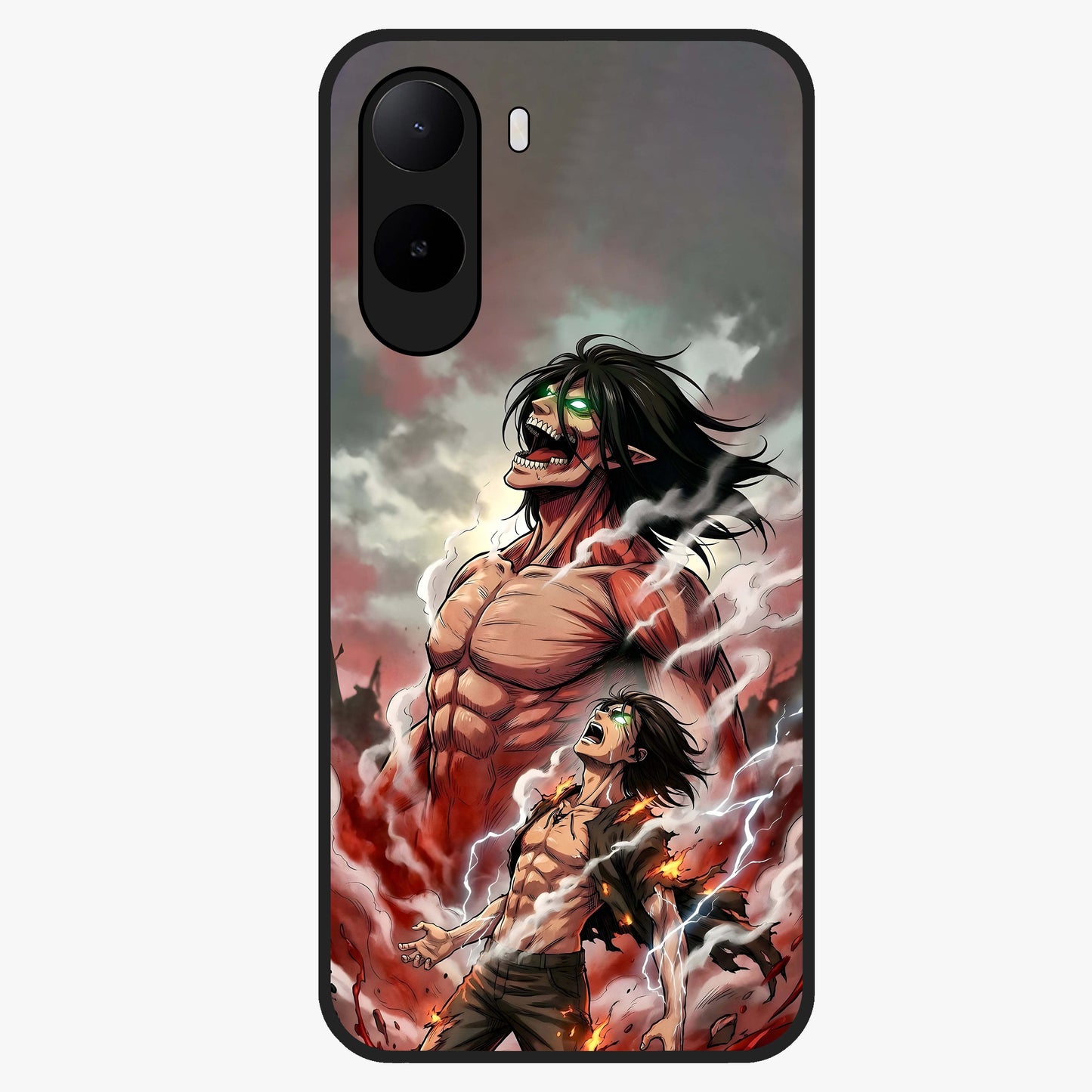 Titan Awakening Fury Glass Case showing flat back view with powerful titan inspired artwork and glossy glass finish.