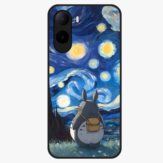 Totoro In Van Gogh Art Glass Case showing flat back view with whimsical character artwork inspired by Van Gogh style and glossy glass finish.