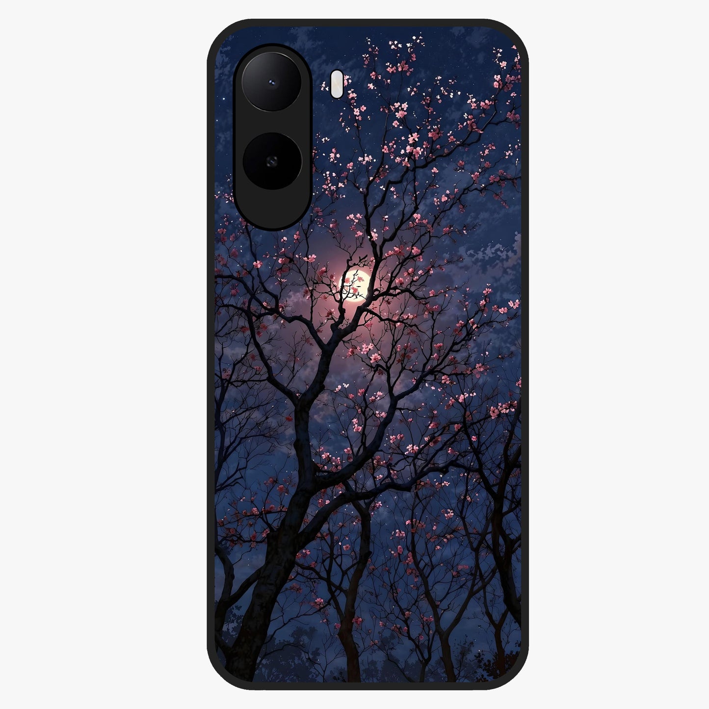 Twilight Sakura Serenade Glass Case showing flat back view with cherry blossom artwork at twilight and glossy glass finish.