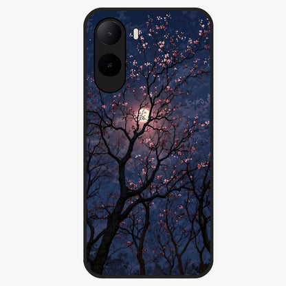 Twilight Sakura Serenade Glass Case showing flat back view with cherry blossom artwork at twilight and glossy glass finish.