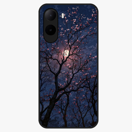 Twilight Sakura Serenade Glass Case showing flat back view with cherry blossom artwork at twilight and glossy glass finish.
