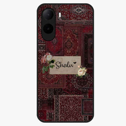 Velvet Wine Pattern Custom Name Glass Case showing flat back view with elegant wine colored pattern artwork and personalized name design.