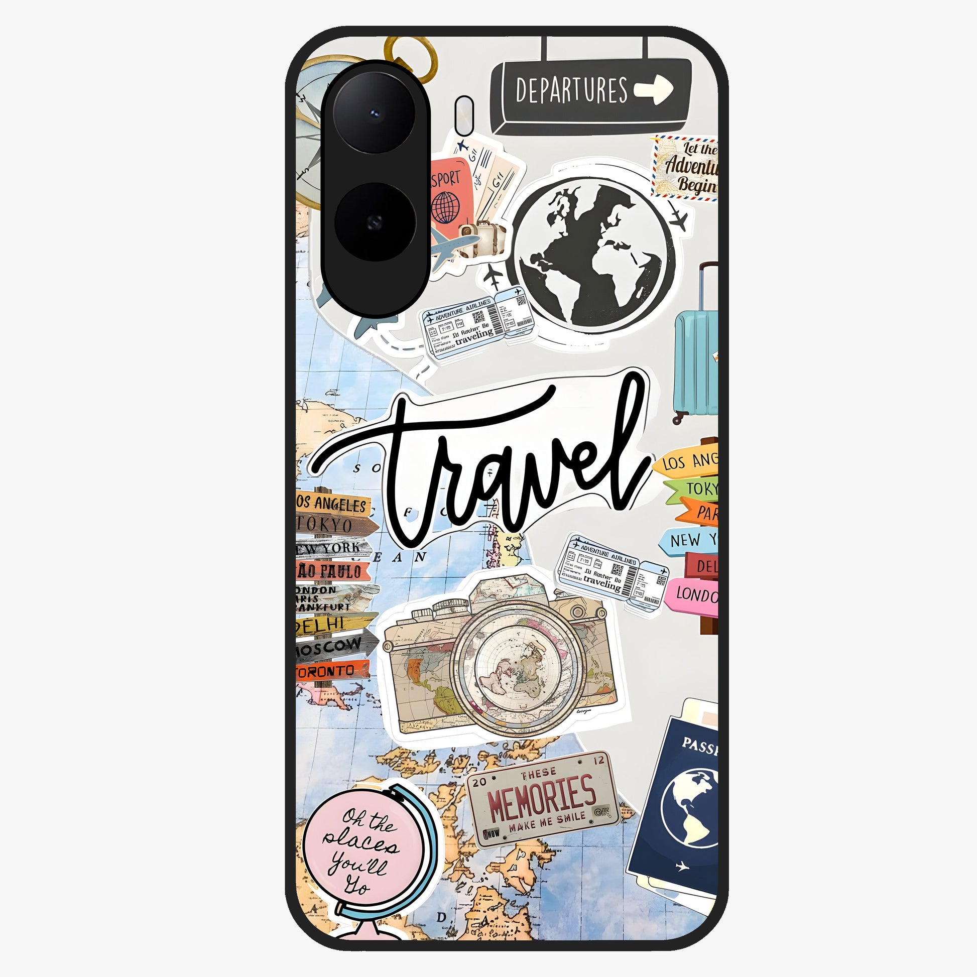 Wanderlust Journal Glass Case showing flat back view with travel inspired artwork and glossy glass finish.