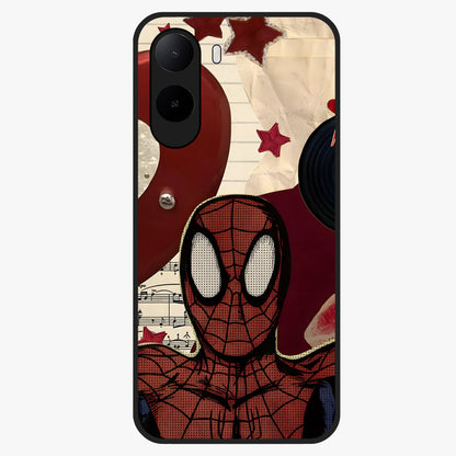 Web Warrior Vibes Glass Case showing flat back view with superhero inspired web themed artwork and glossy glass finish.