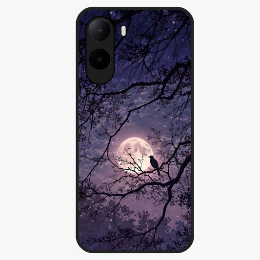 Whispering Moon Silence Glass Case showing flat back view with serene moon themed artwork and glossy glass finish.