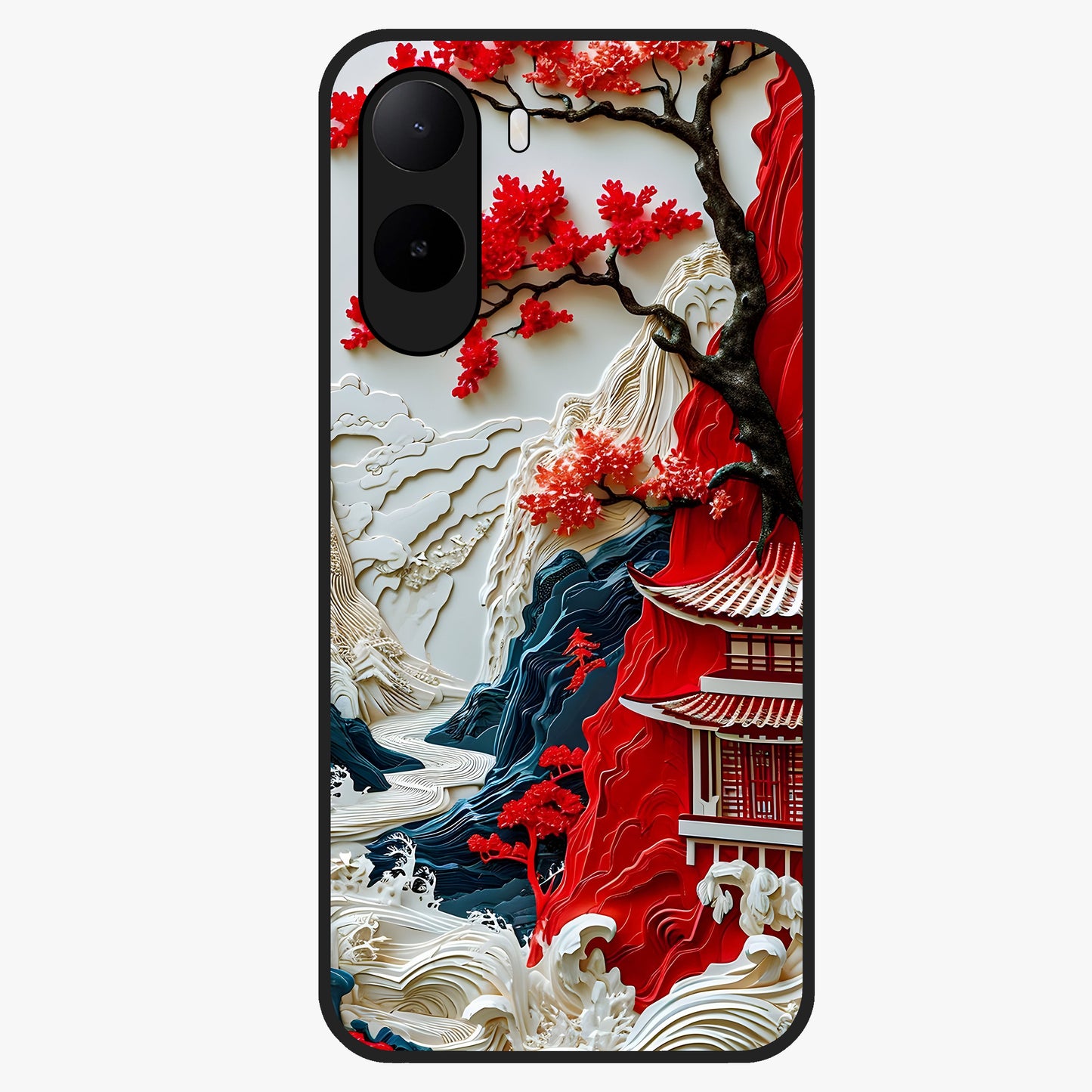 Whispers Of Sakura Waves Glass Case showing flat back view with cherry blossom wave artwork and glossy glass finish.