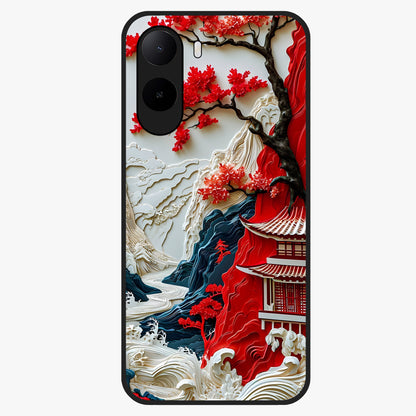 Whispers Of Sakura Waves Glass Case showing flat back view with cherry blossom wave artwork and glossy glass finish.