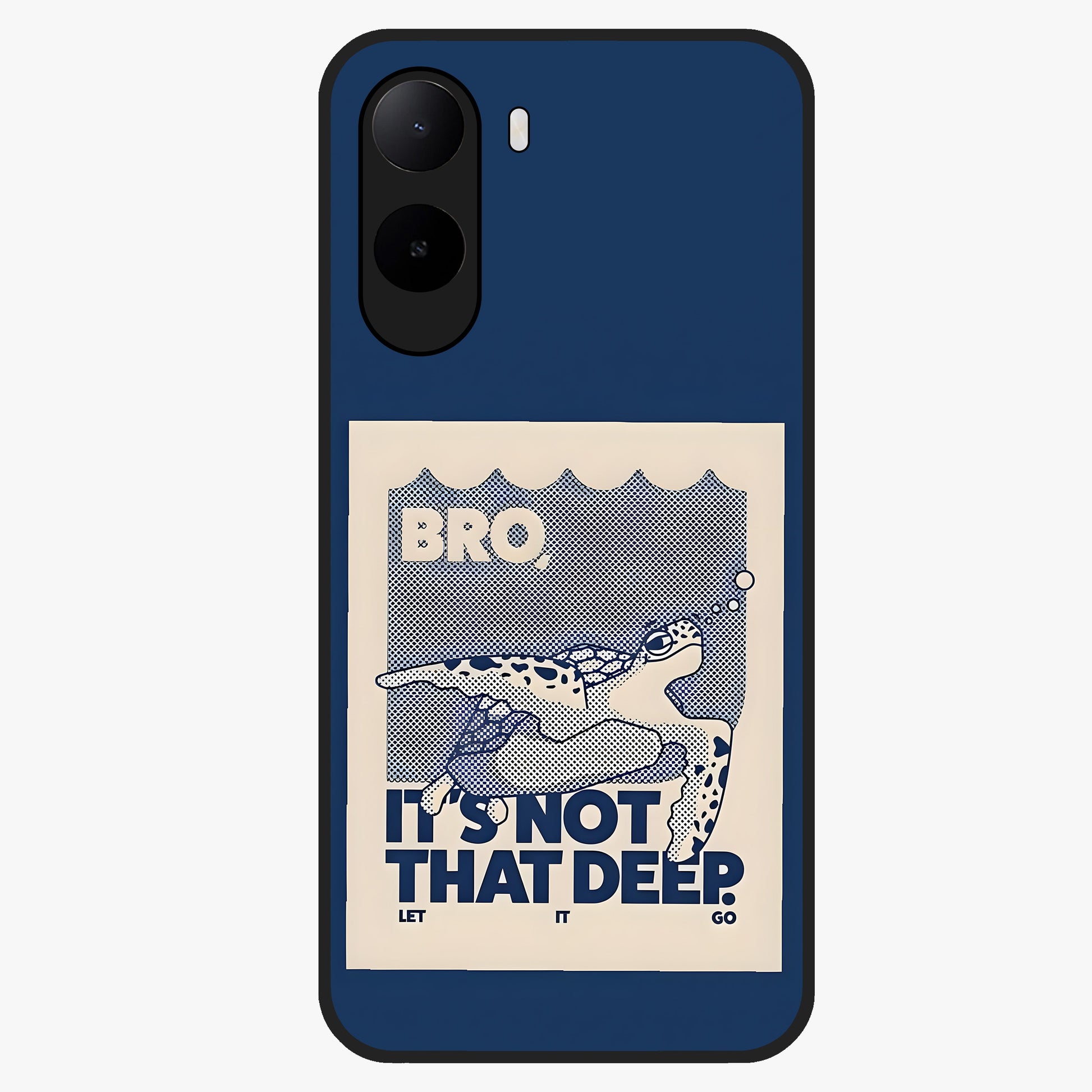 Worry Less Swim Glass Case showing flat back view with playful motivational artwork and glossy glass finish.