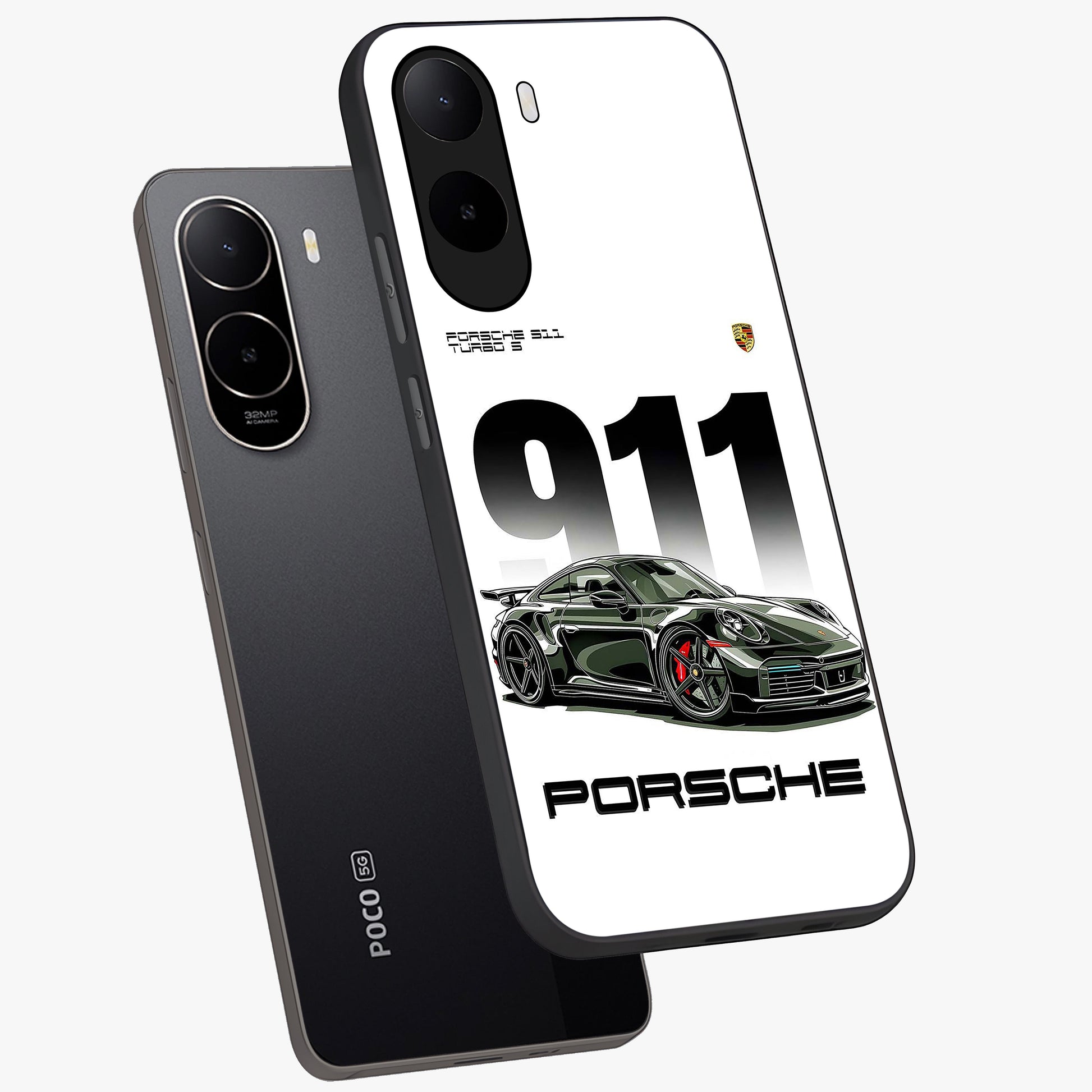911 Turbo Dominance Glass Case displayed in premium angled mockup highlighting sporty car illustration and sleek glass surface.