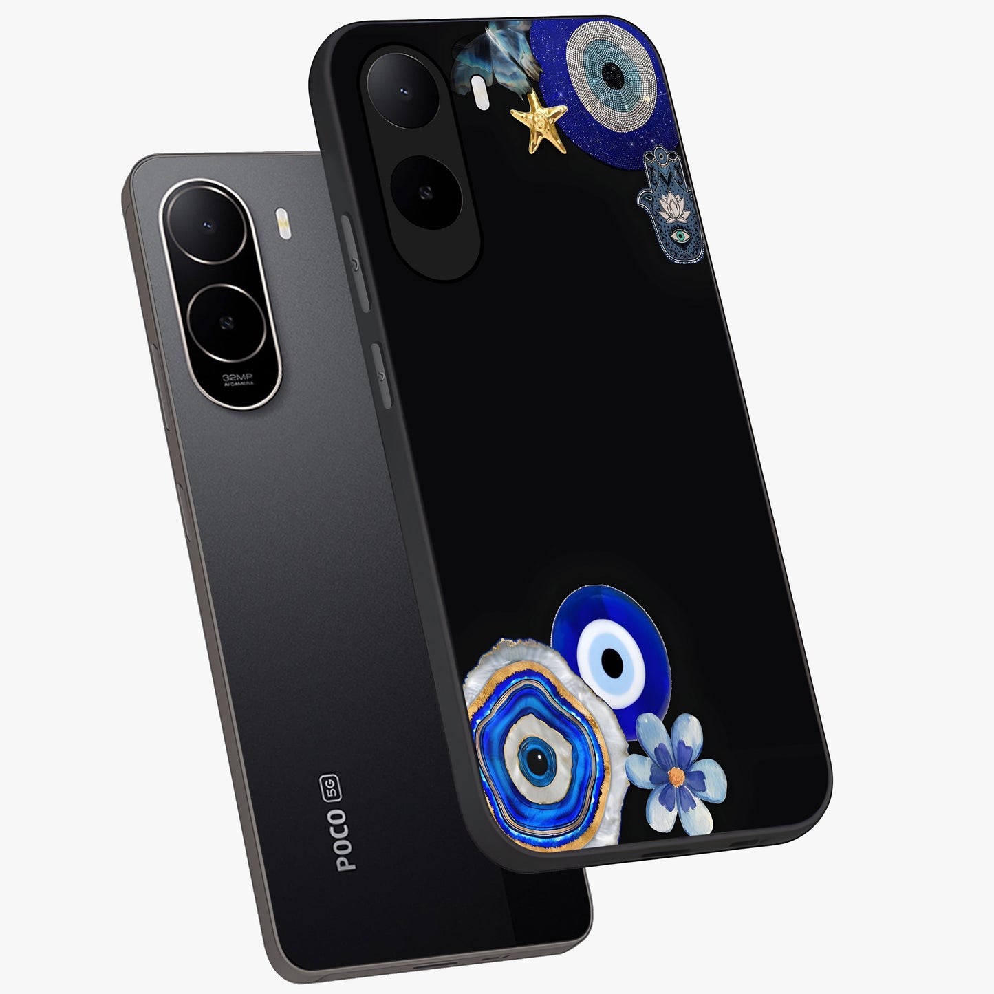 Aesthetic Blue Evil Eye Glass Case displayed in angled mockup highlighting blue evil eye symbol and spiritual aesthetic design.
