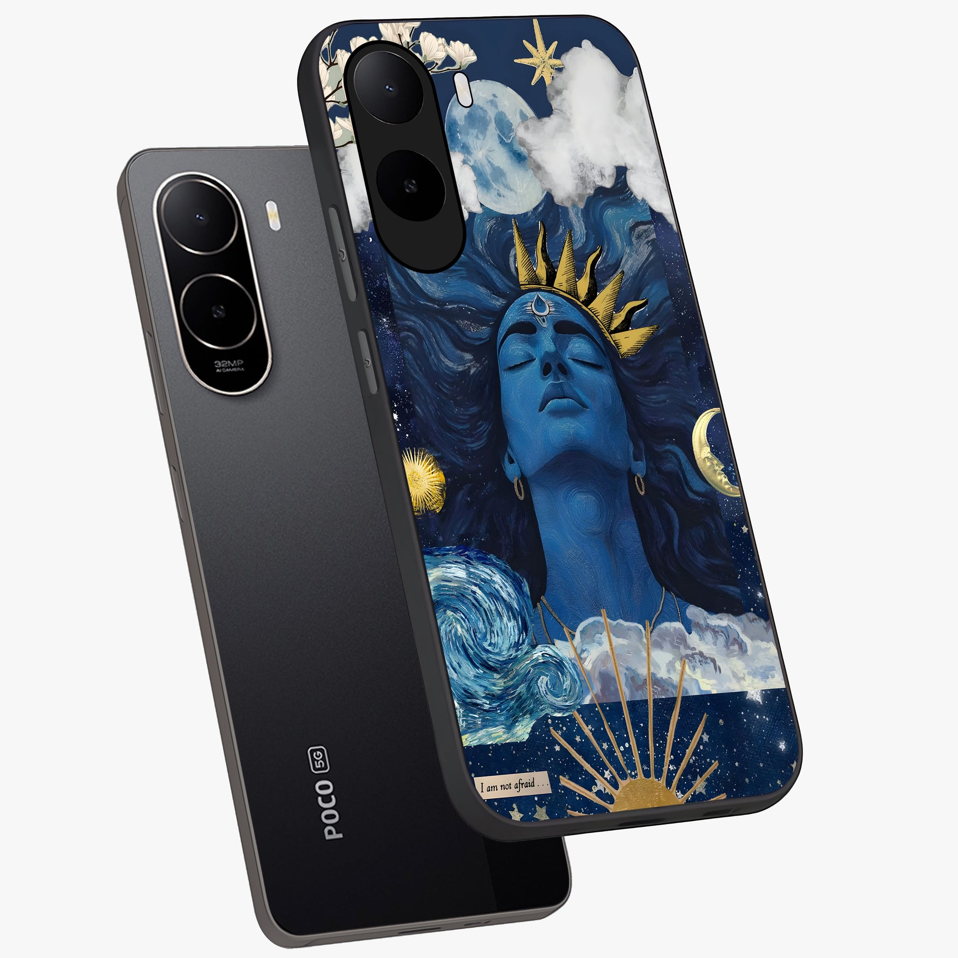 Aesthetic Lord Shiva Glass Case displayed in angled mockup highlighting spiritual Shiva illustration and sacred aesthetic design.