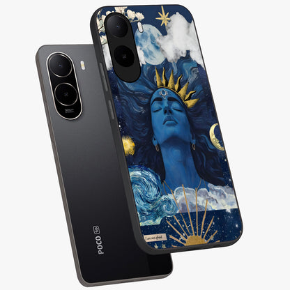 Aesthetic Lord Shiva Glass Case displayed in angled mockup highlighting spiritual Shiva illustration and sacred aesthetic design.