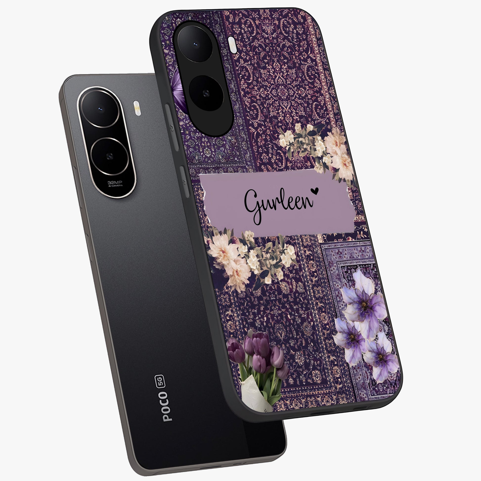 Antique Floral Whisper Custom Name Glass Case displayed in angled mockup highlighting elegant antique floral aesthetic.