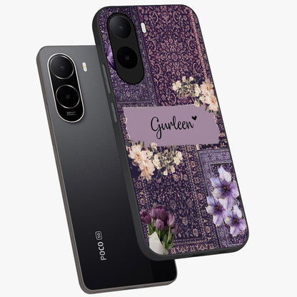 Antique Floral Whisper Custom Name Glass Case displayed in angled mockup highlighting elegant antique floral aesthetic.