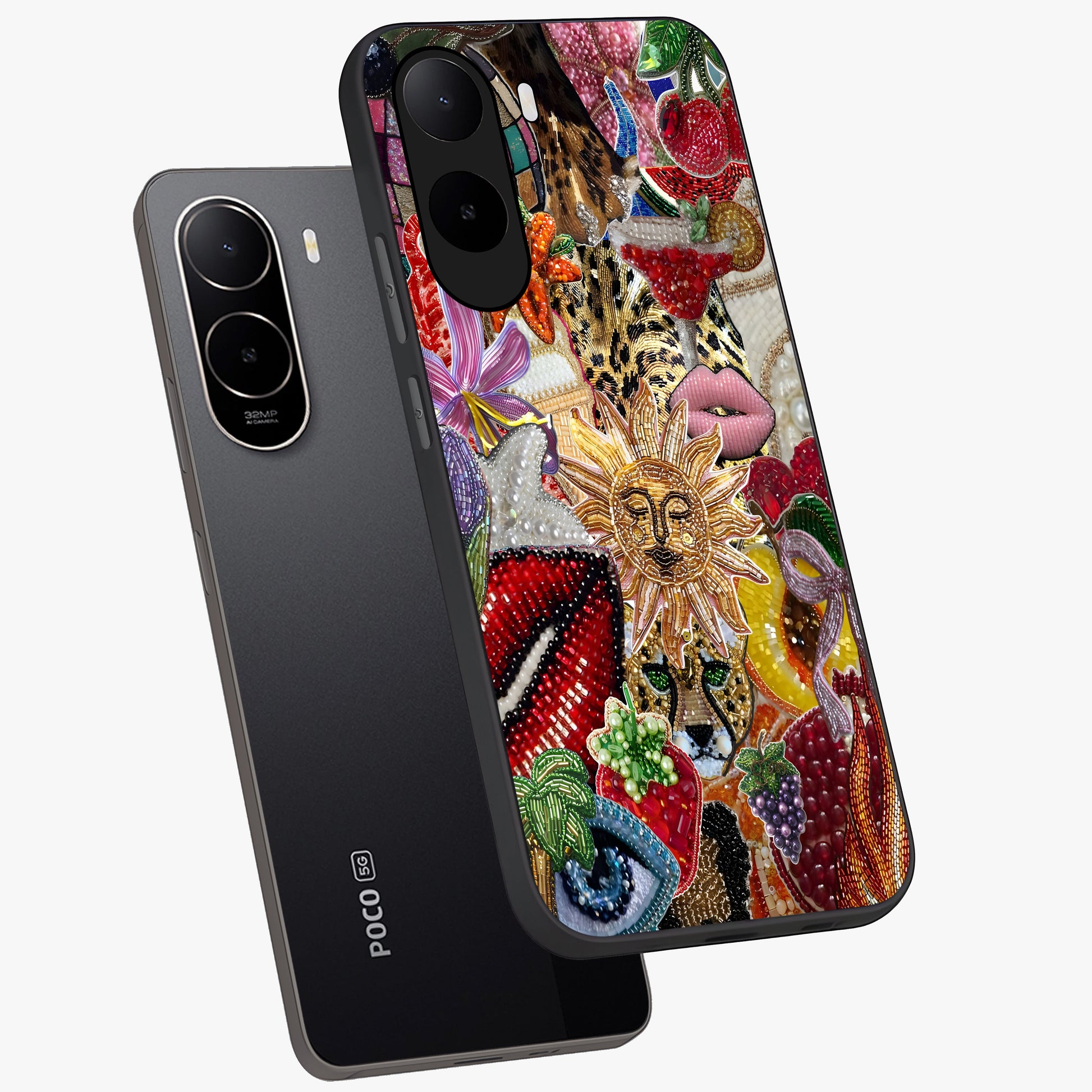 Beaded Fashion Jungle Glass Case displayed in angled mockup highlighting colorful fashion bead design and artistic pattern.