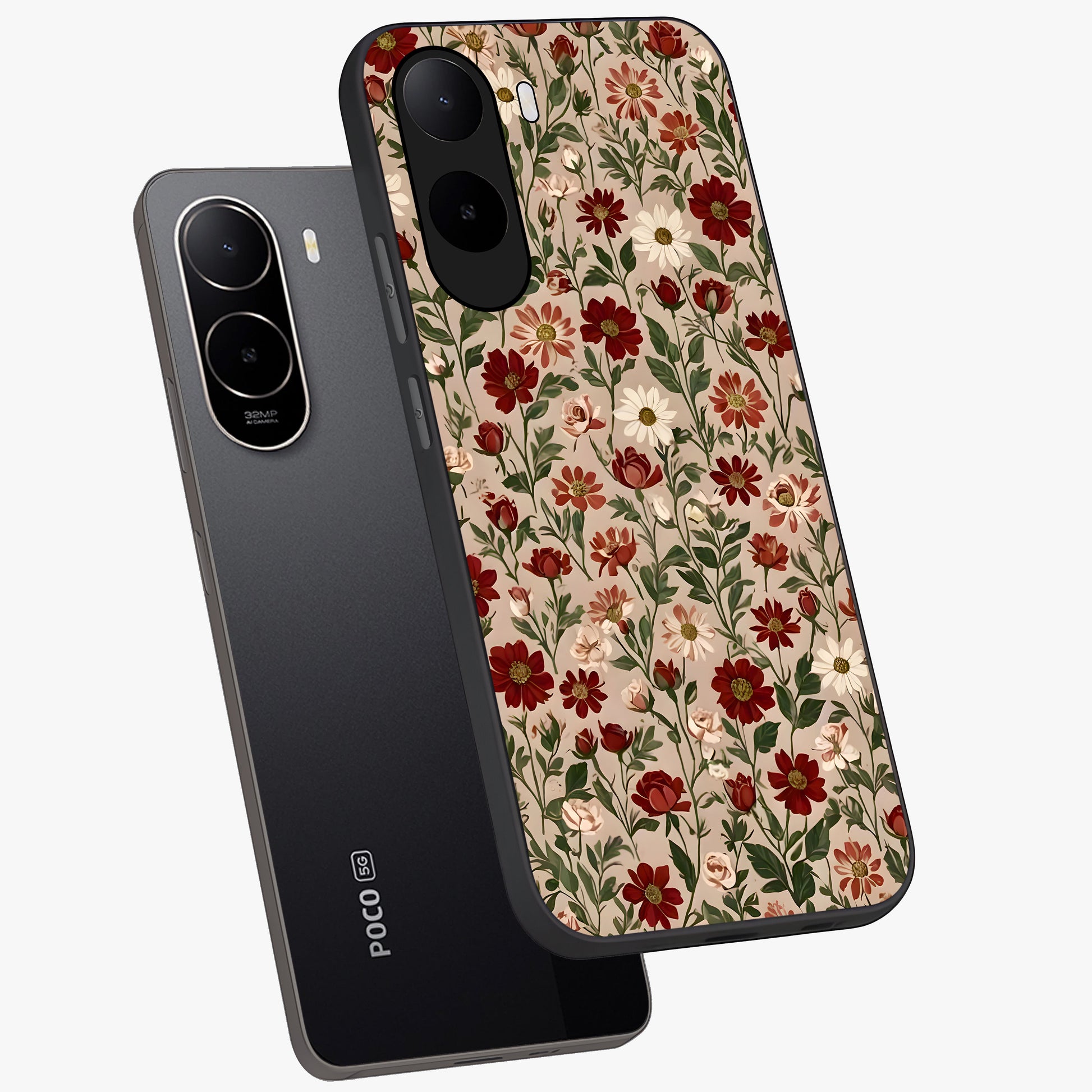 Biege Flower With Leaf Glass Case displayed in angled mockup highlighting minimal floral leaf design and elegant aesthetic.