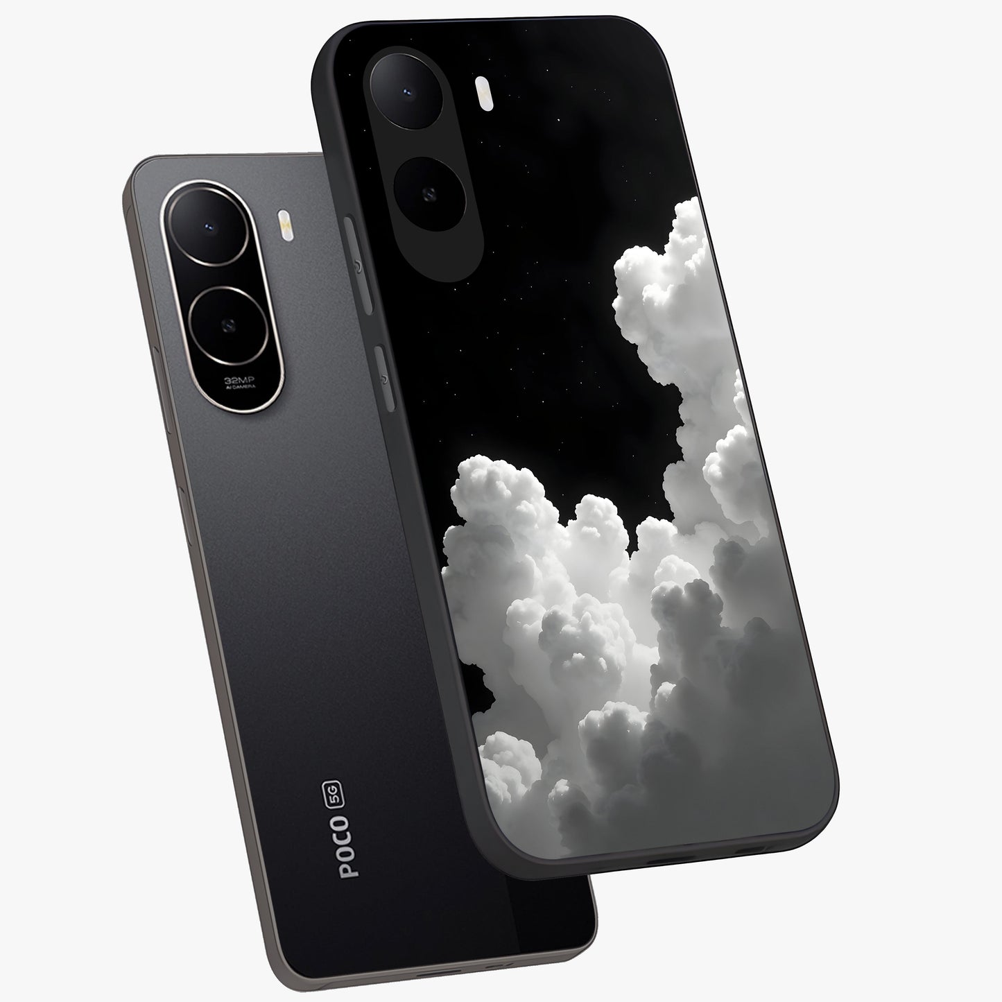 Black Background With White Cloud Glass Case displayed in angled mockup highlighting soft white cloud illustration and minimal design.