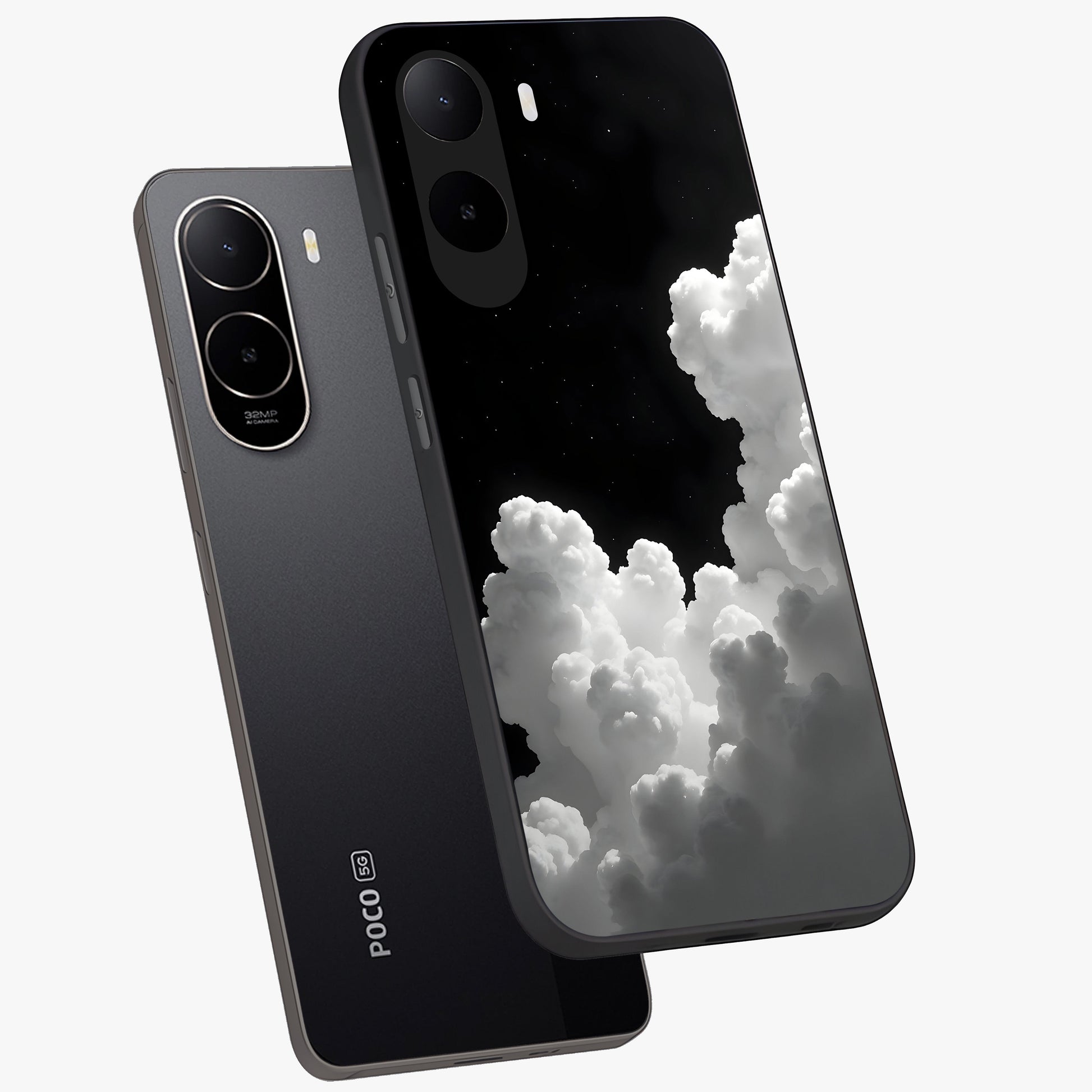 Black Background With White Cloud Glass Case displayed in angled mockup highlighting soft white cloud illustration and minimal design.