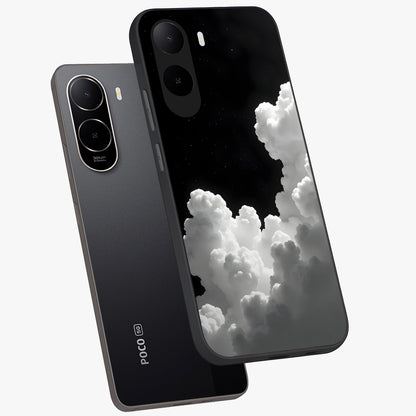 Black Background With White Cloud Glass Case displayed in angled mockup highlighting soft white cloud illustration and minimal design.