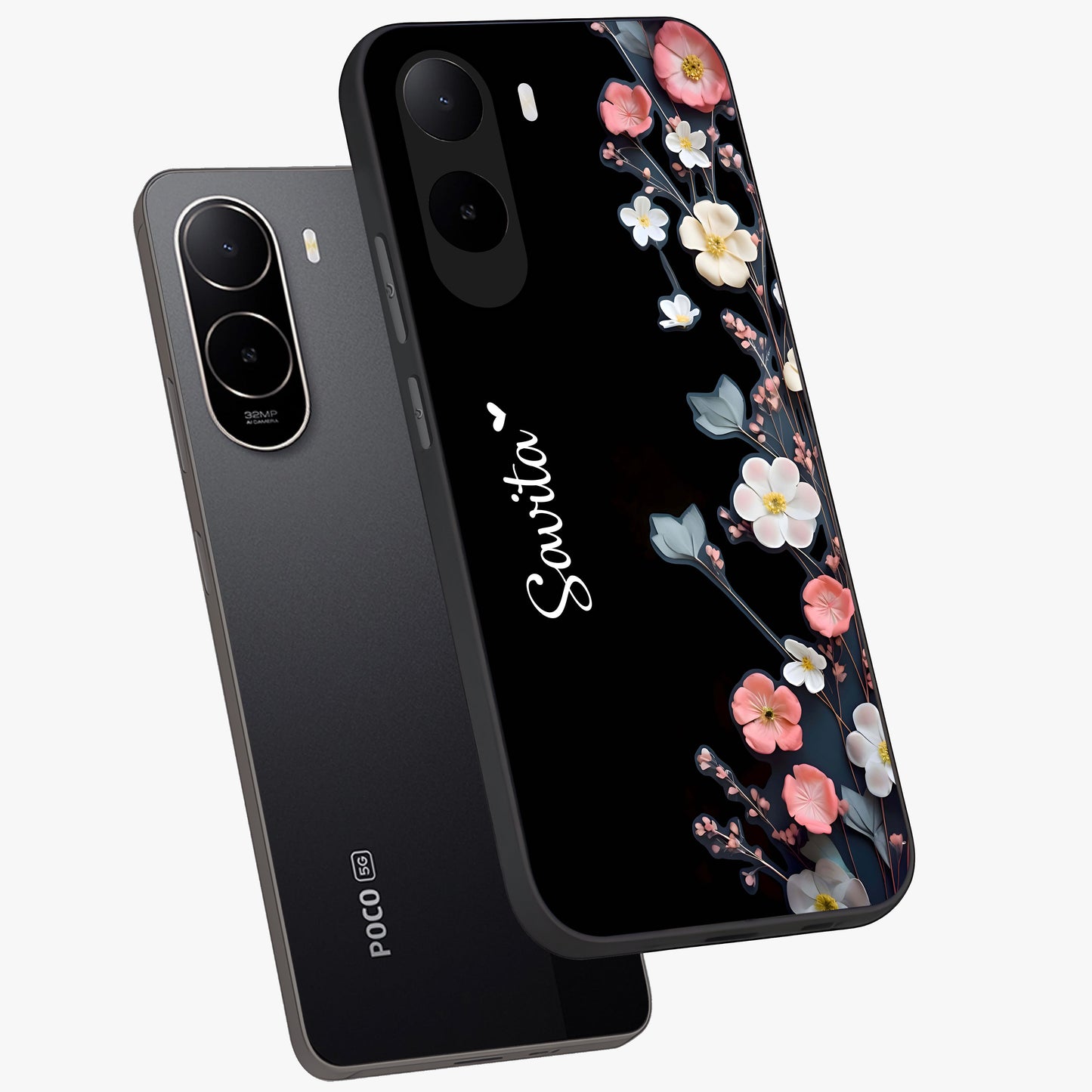 Black Elegance Floral Custom Name Glass Case displayed in angled mockup highlighting dark floral aesthetic and custom name feature.