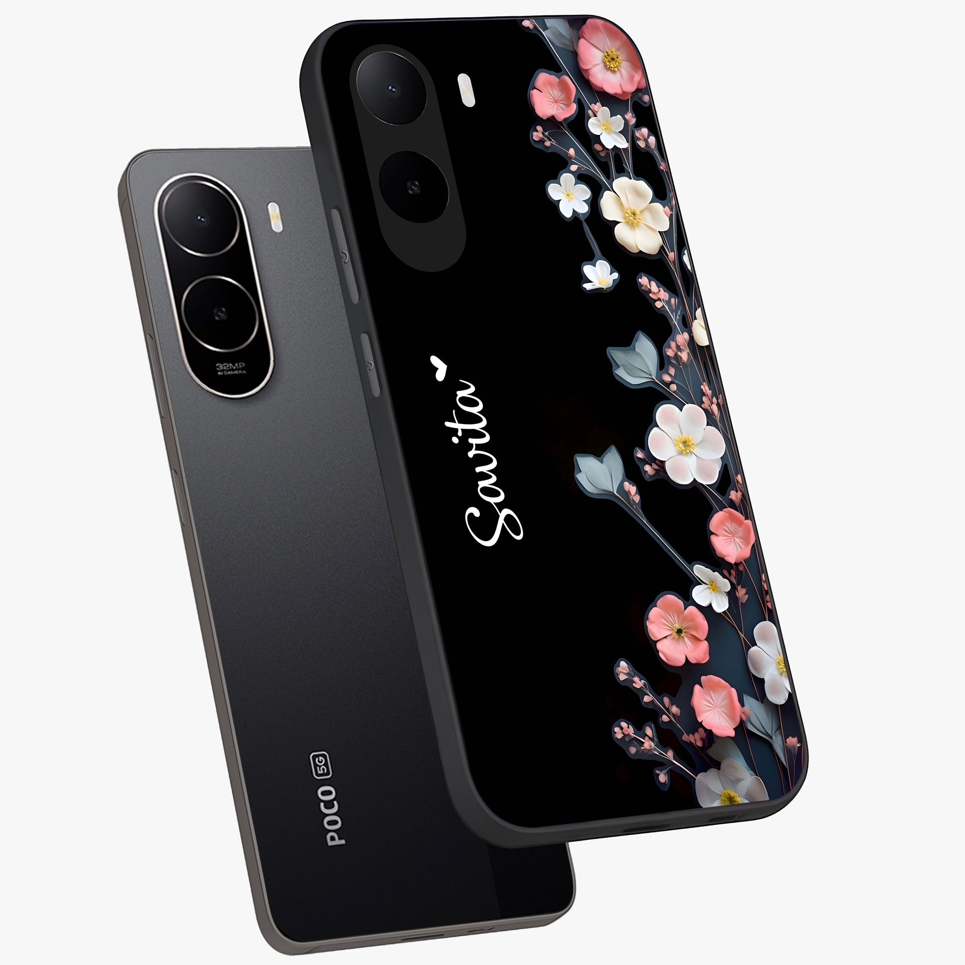 Black Elegance Floral Custom Name Glass Case displayed in angled mockup highlighting dark floral aesthetic and custom name feature.