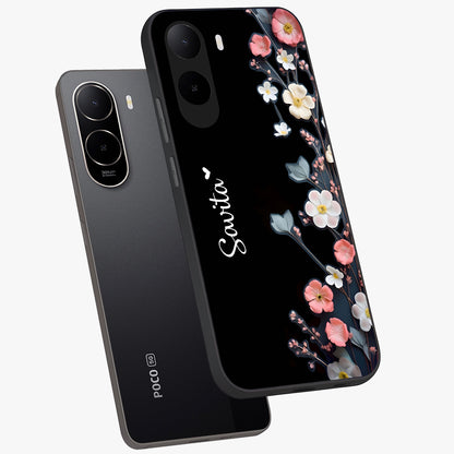 Black Elegance Floral Custom Name Glass Case displayed in angled mockup highlighting dark floral aesthetic and custom name feature.