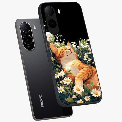 Blissful Bloom Cat Glass Case displayed in angled mockup highlighting playful feline illustration with soft floral aesthetic.
