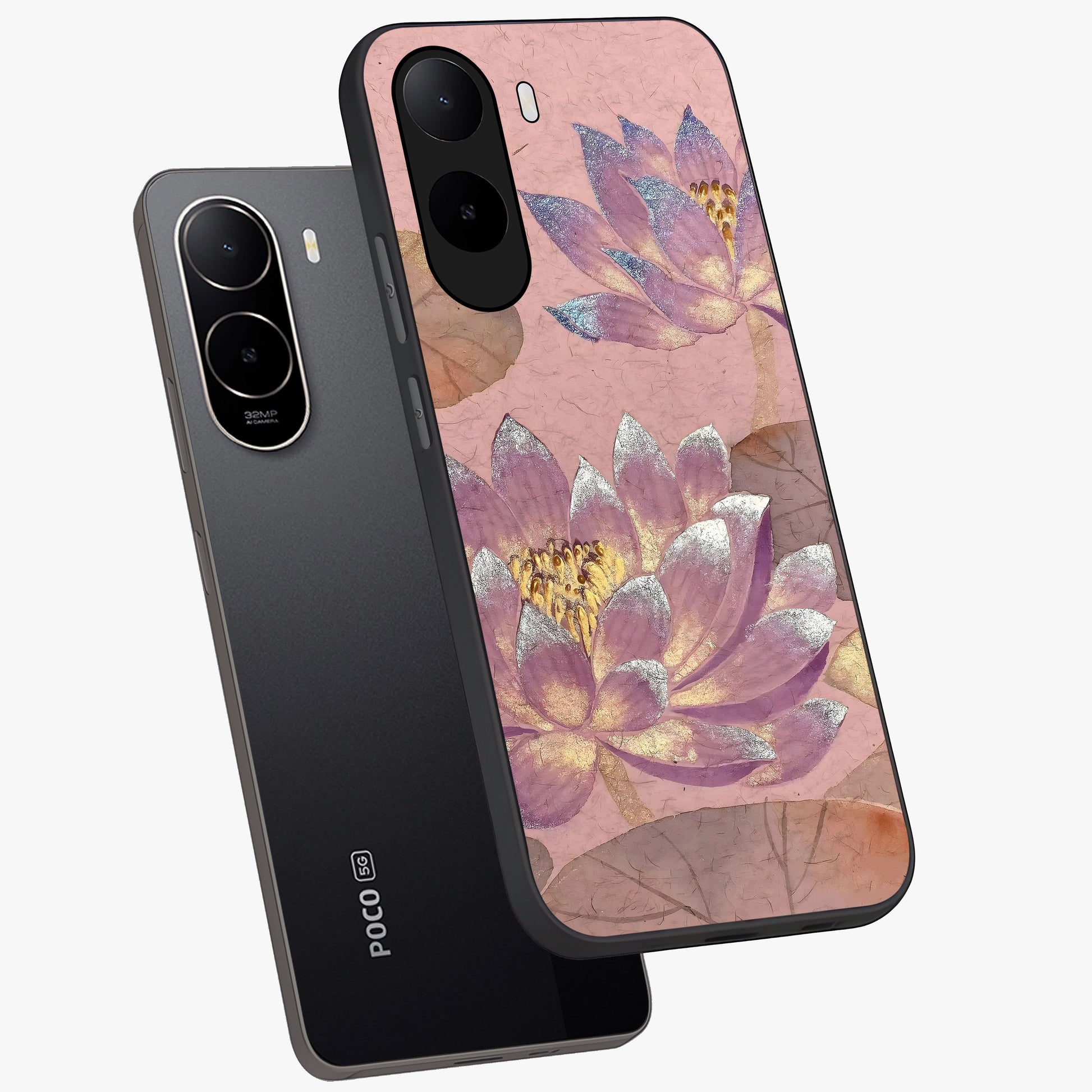 Blossom Mist Lotus Glass Case displayed in angled mockup highlighting delicate lotus illustration with calm aesthetic theme.