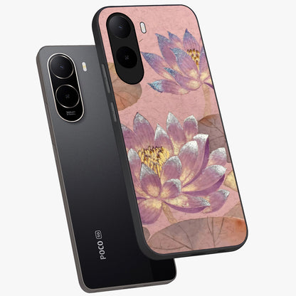 Blossom Mist Lotus Glass Case displayed in angled mockup highlighting delicate lotus illustration with calm aesthetic theme.
