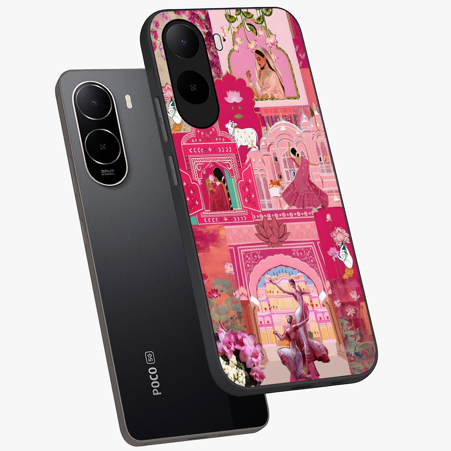 Blossoms of Rajasthan Glass Case displayed in angled mockup highlighting vibrant floral pattern with cultural aesthetic style.